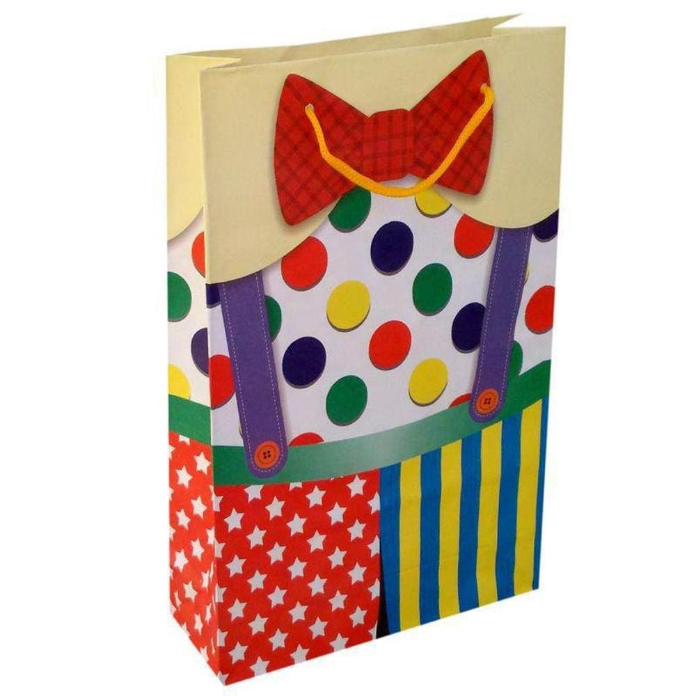 Kit 100 Sacolas De Papel Palhaço Circo Bolsa Festa 25X17X6Cm