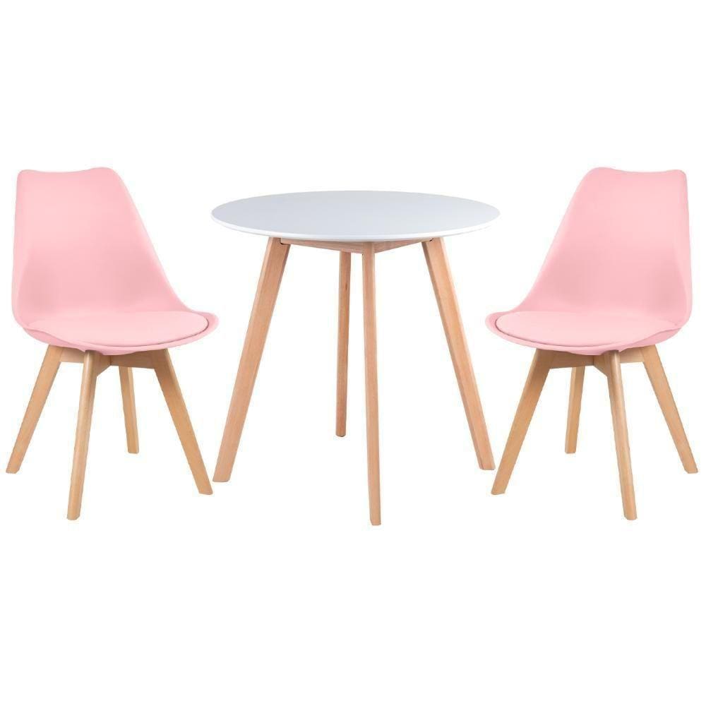 Mesa De Jantar Redonda 70 Cm Branco + 2 Cadeiras Rosa Claro