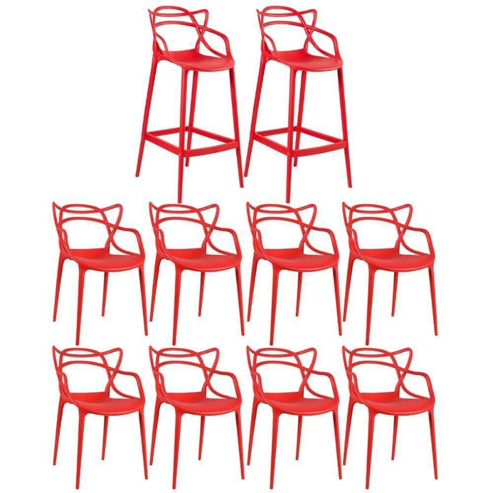 Kit 8 Cadeiras + 2 Banquetas Altas Masters Allegra Vermelho Vermelho