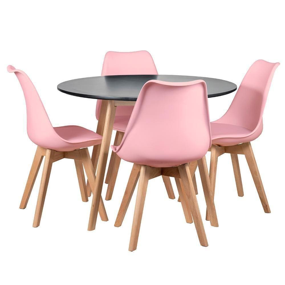 Mesa Redonda 100cm Preto + 4 Cadeiras Rosa Claro