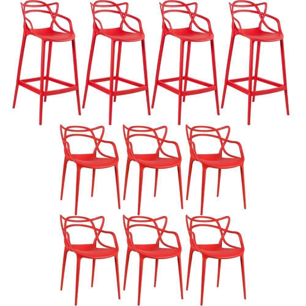 Kit 6 Cadeiras + 4 Banquetas Altas Masters Allegra Vermelho