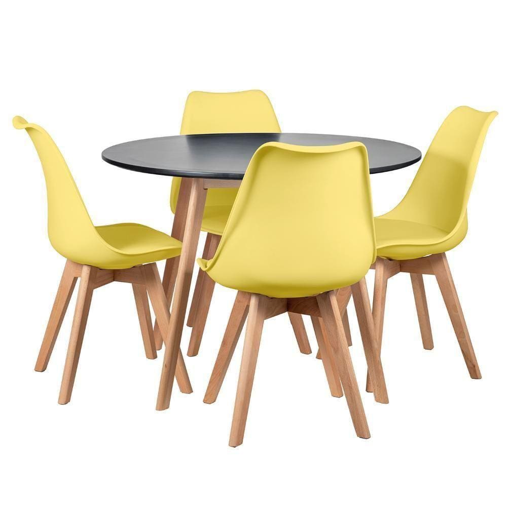 Mesa Redonda 100cm Preto + 4 Cadeiras Amarelo