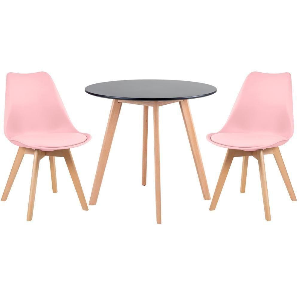 Mesa Redonda 80 Cm Preto + 2 Cadeiras Leda Rosa Claro Mesa Preto Com Cadeiras Rosa Claro