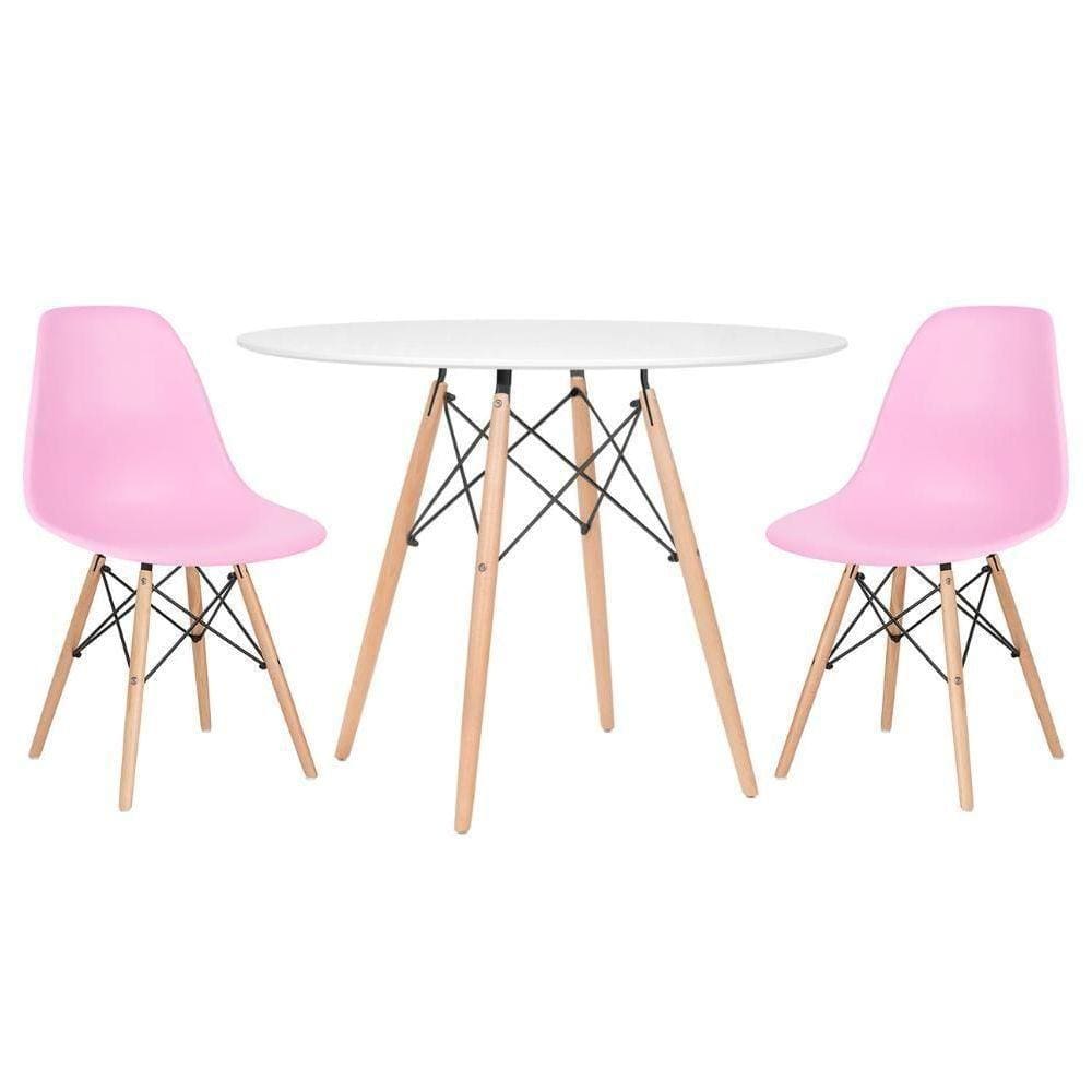 Mesa Redonda Eames 100cm Branco + 2 Cadeiras Rosa Claro