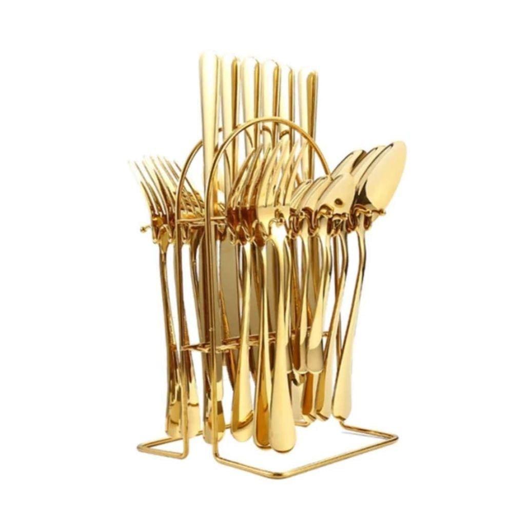 Faqueiro 24 Peças Aço Inox Dourado Com Suporte