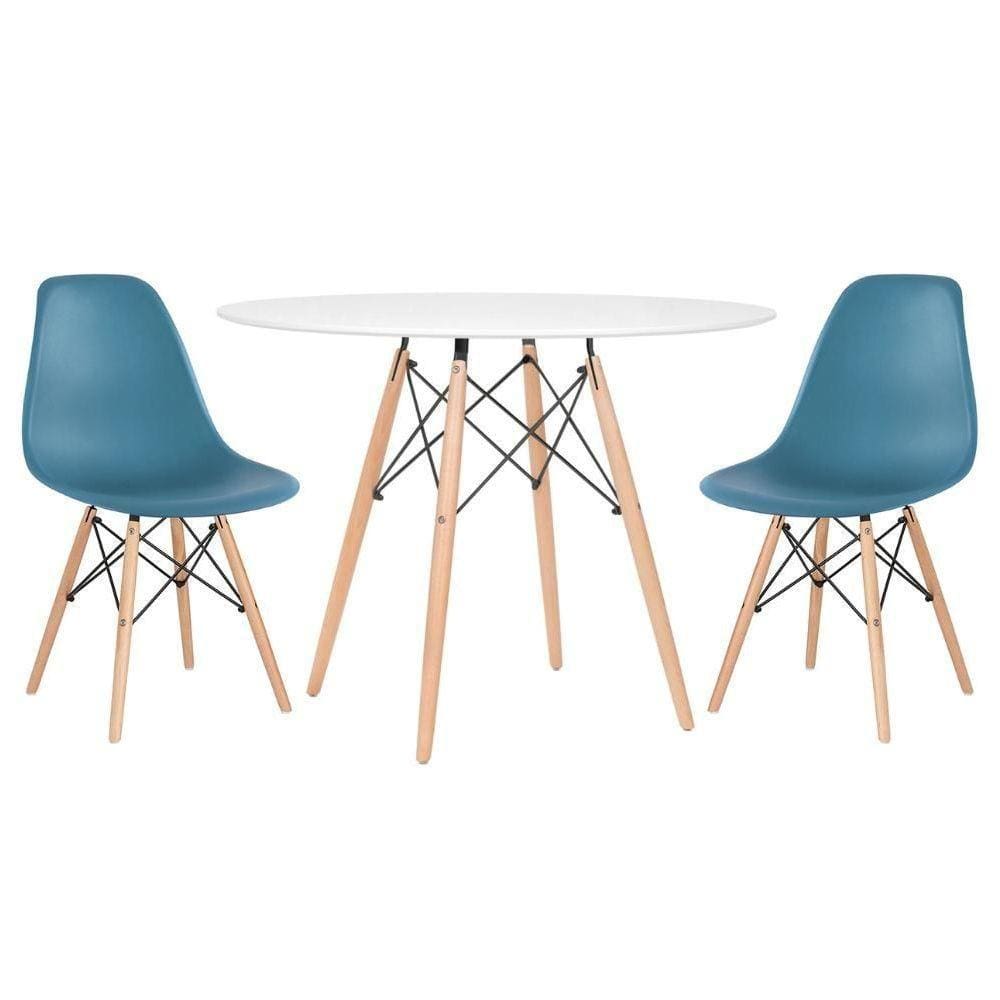 Mesa Redonda Eames 100cm Branco + 2 Cadeiras Turquesa