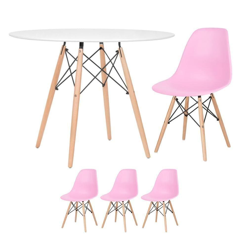 Mesa Redonda Eames 100cm Branco + 3 Cadeiras Rosa Claro