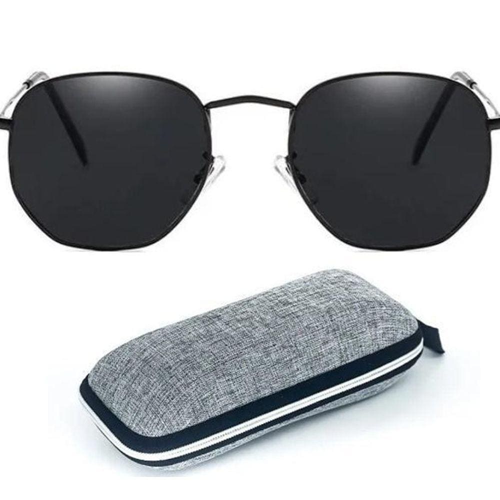Óculos De Sol Hexagonal Preto Lentes Uv 400