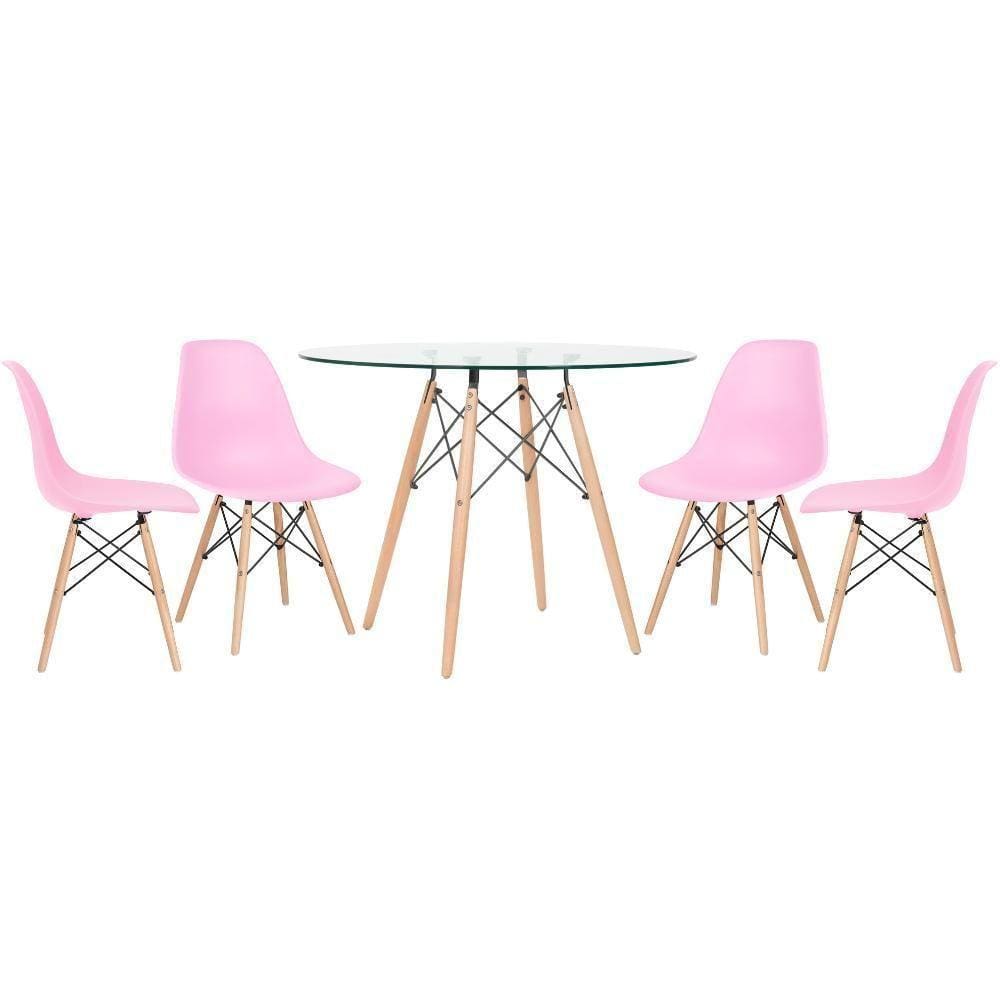 Mesa Redonda Eames 100cm + 4 Cadeiras Rosa Claro