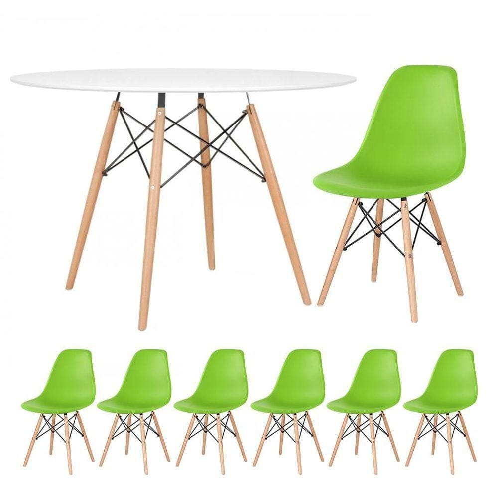 Mesa Redonda Eames 120cm Branco + 6 Cadeiras Verde Claro