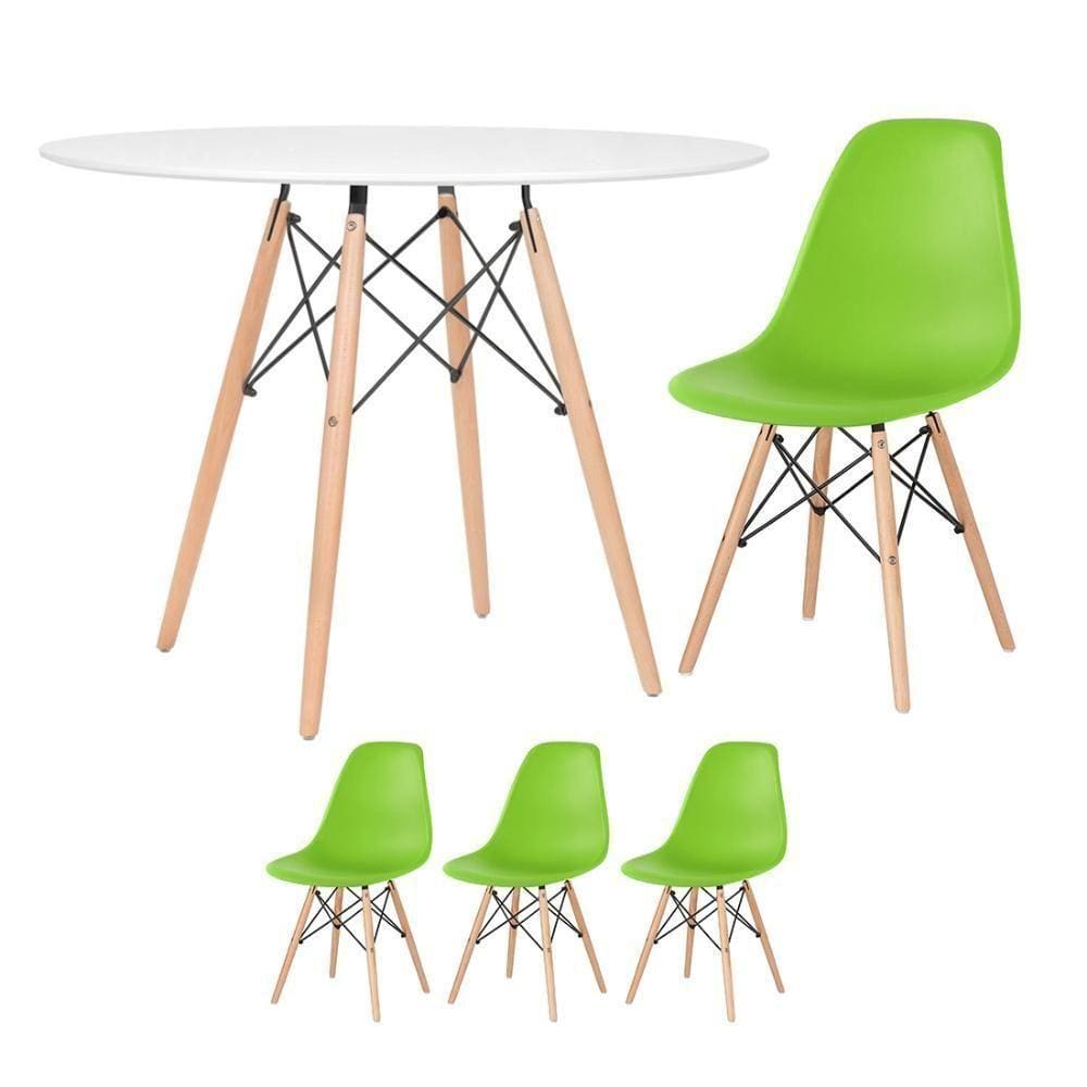 Mesa Redonda Eames 100cm Branco + 3 Cadeiras Verde Claro