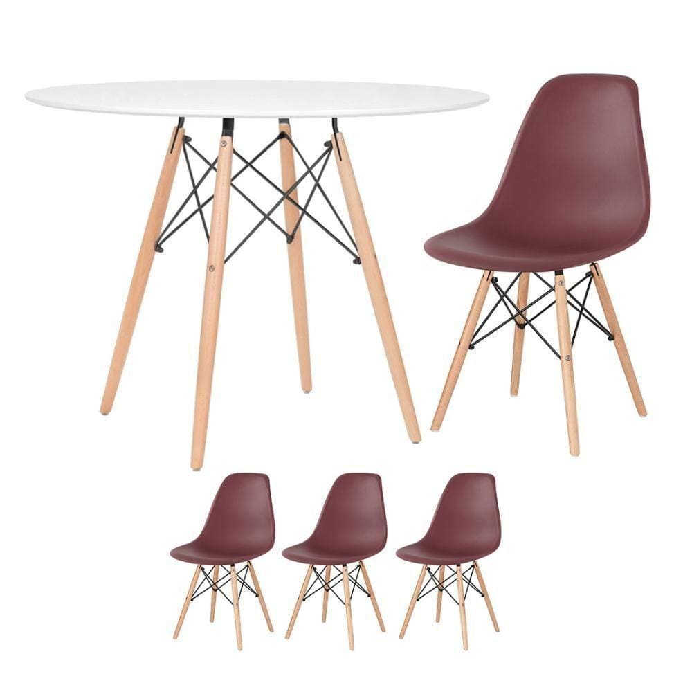 Mesa Redonda Eames 100cm Branco + 3 Cadeiras Marrom