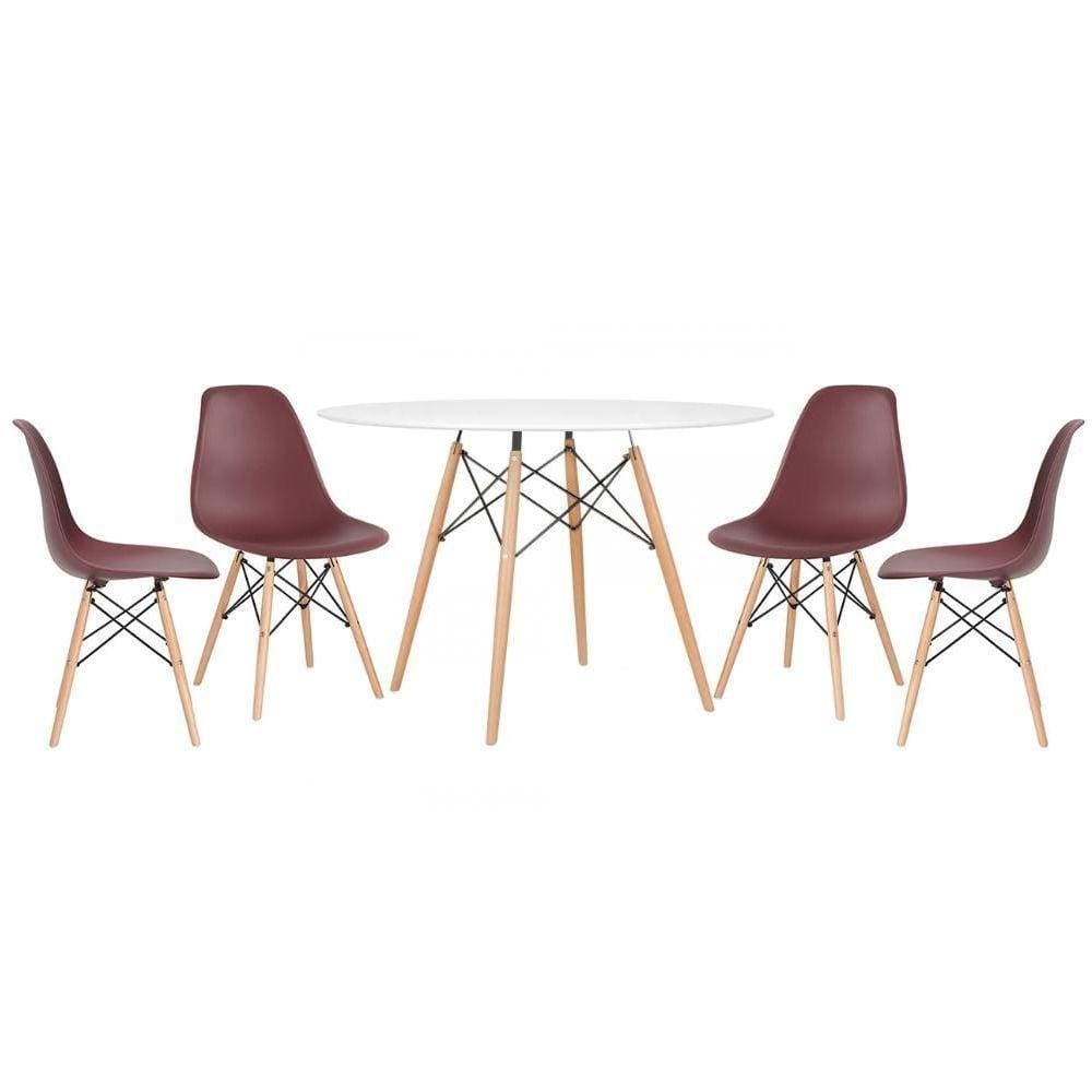 Mesa Redonda Eames 120cm Branco + 4 Cadeiras Marrom