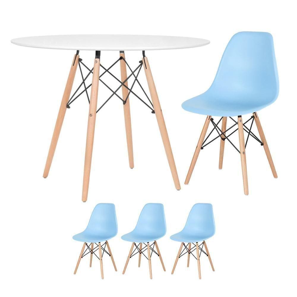 Mesa Redonda Eames 100cm Branco + 3 Cadeiras Azul Claro