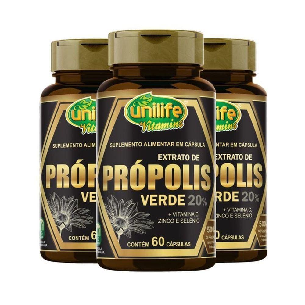 Kit 3 Própolis Verde + Vit C Zinco E Selênio Unilife 60caps