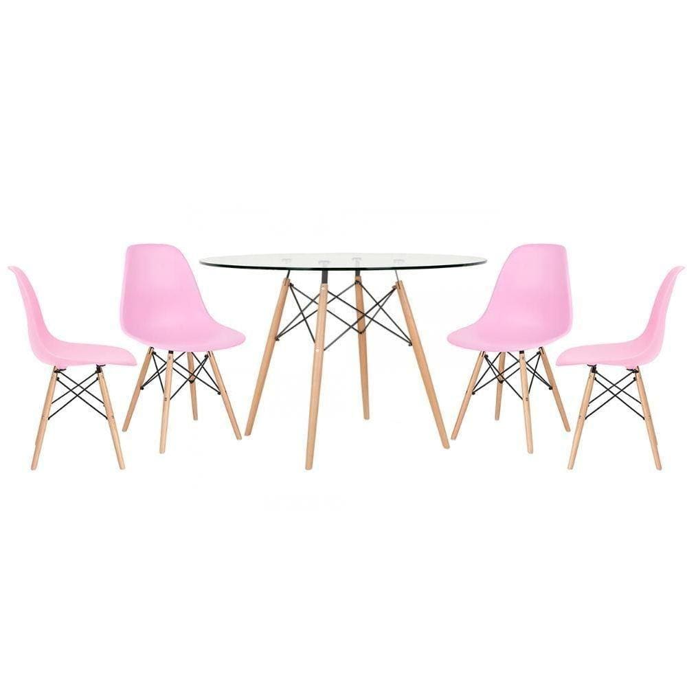 Mesa Redonda Eames 120cm + 4 Cadeiras Rosa Claro Rosa