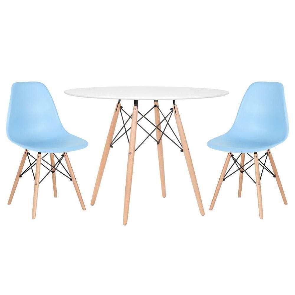 Mesa Redonda Eames 100cm Branco + 2 Cadeiras Azul Claro