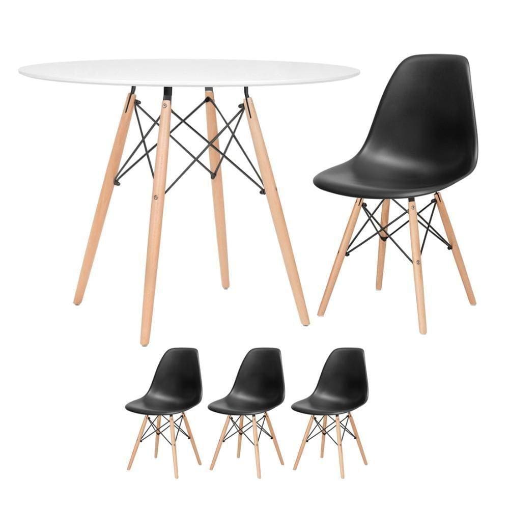 Mesa Redonda Eames 100cm Branco + 3 Cadeiras Preto