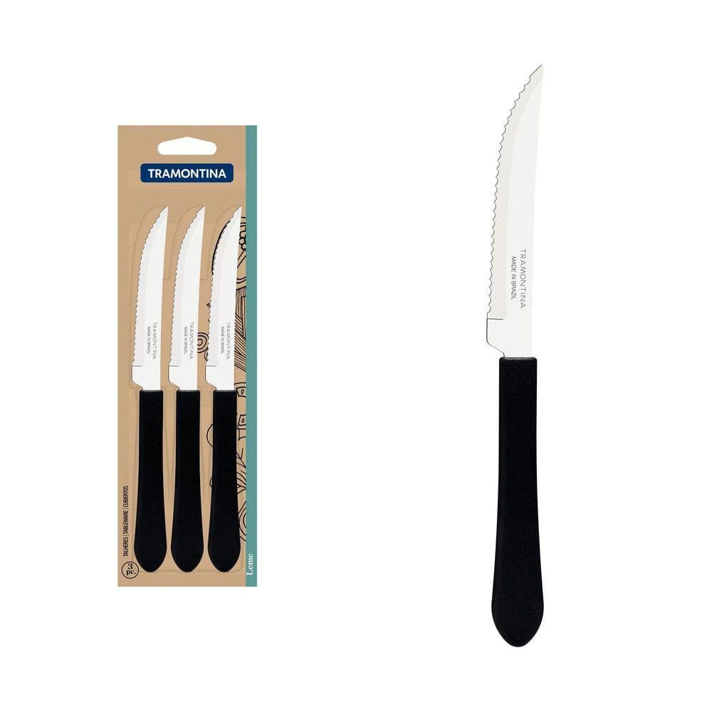 Conjunto de Facas para Churrasco Tramontina Leme com Lâminas em Aço Inox e Cabos de Polipropileno Preto 3 Peças Tramontina