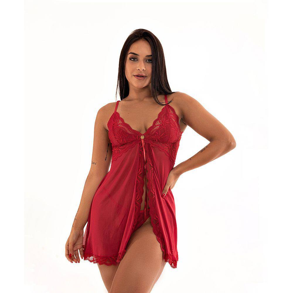 Camisola IMI Lingerie Aberta Fenda Tule Renda Calcinha Fio Dental Louise Vermelha