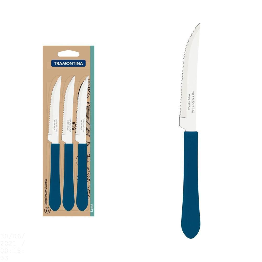 Conjunto de Facas para Churrasco Tramontina Leme com Lâminas em Aço Inox e Cabos de Polipropileno Azul Oceano 3 Peças Tramontina
