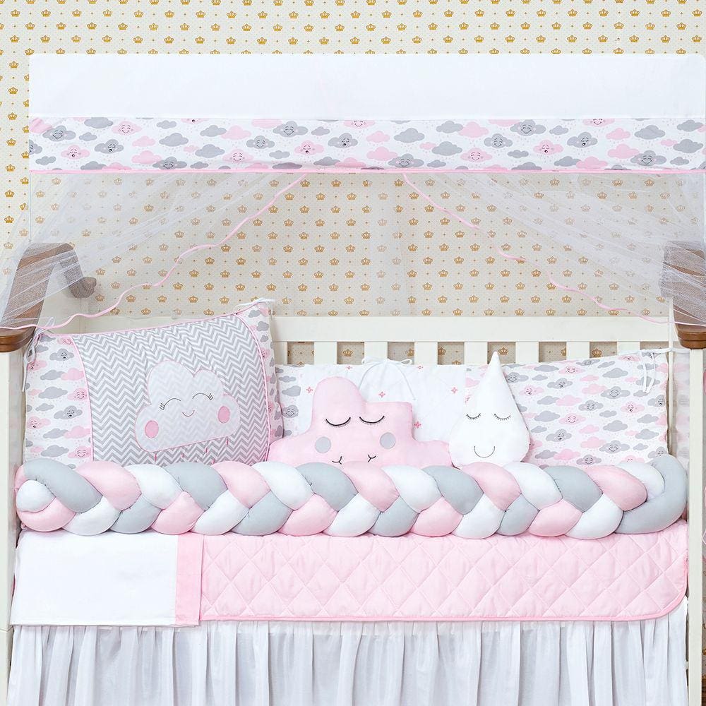 Kit Mini Berço Nuvem Trança Menina Com Saia Box 10 Peças Rosa