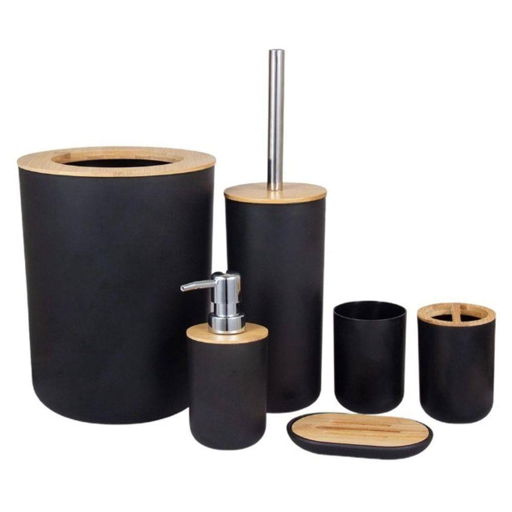 Kit De Banheiro Lixeira Saboneteira Moderno C/ Bambu 6 Peças