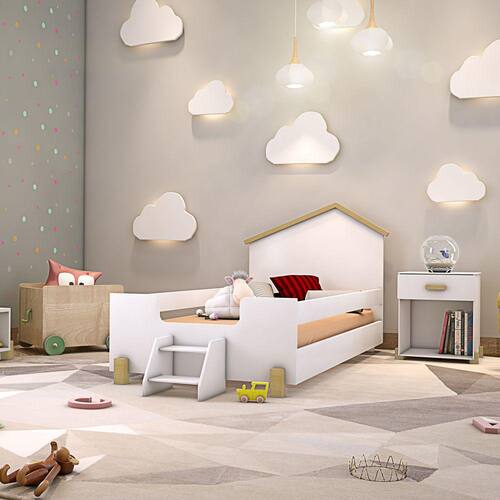 Cama Infantil com Escadinha Juvenil Ayla - Branca e Natural Menor preço em Cama Infantil com Escadinha Juvenil Ayla - Branca e Natural