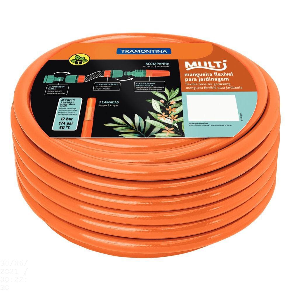 Mangueira Multi 1/2” Tramontina Laranja em PVC 3 Camadas 10 m com Engates Rápidos e Esguicho Tramontina