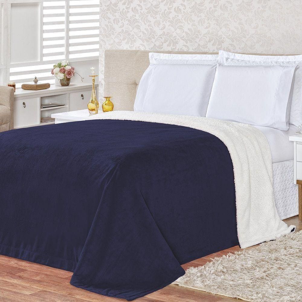 Cobertor Queen Colorado Sherpa + Manta Flannel 1Pç - Marinho