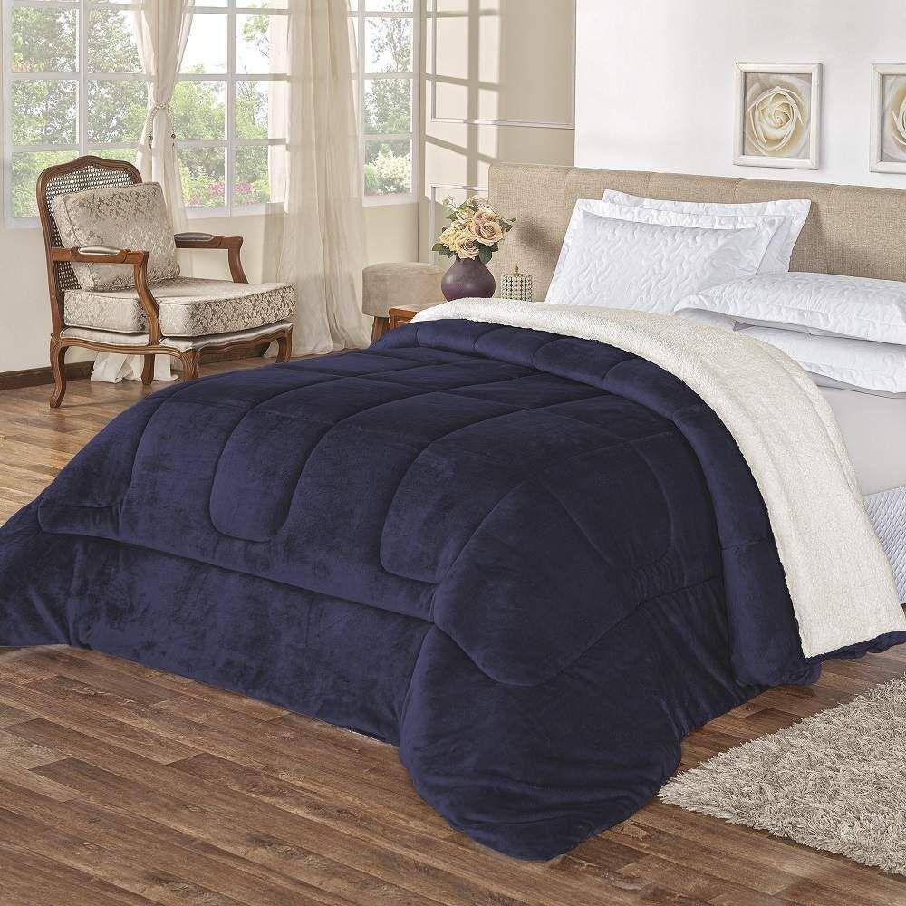 Coberdrom Queen Noruega Sherpa + Manta Flannel 1Pç - Azul