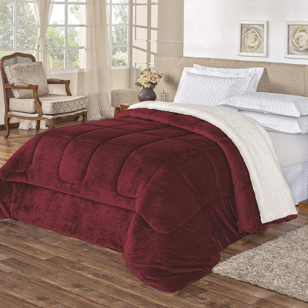 Coberdrom Queen Noruega Sherpa + Manta Flannel 1Pç - Vinho