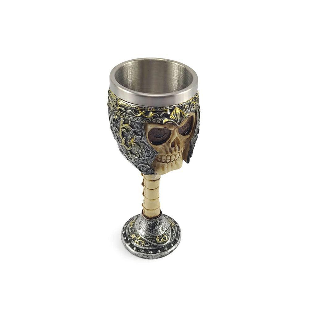 Taça Cálice Em Aço Inox e Resina Crânio Medieval Caveira Guerreiro Osso Rock Colecionável Coquetel Cerveja Decorativo