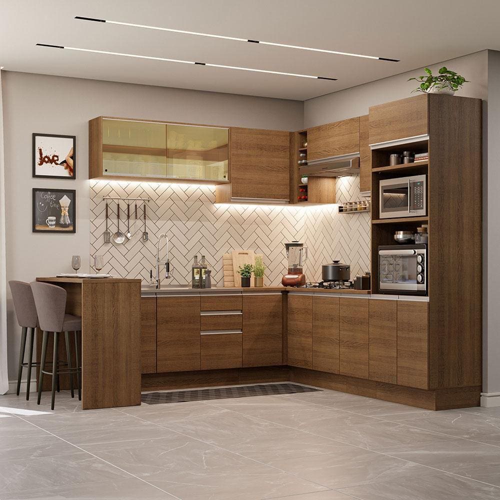 Cozinha Completa de Canto Madesa Glamy 504001 com Armário e Bancada (Sem Tampo e Pia) - Rustic