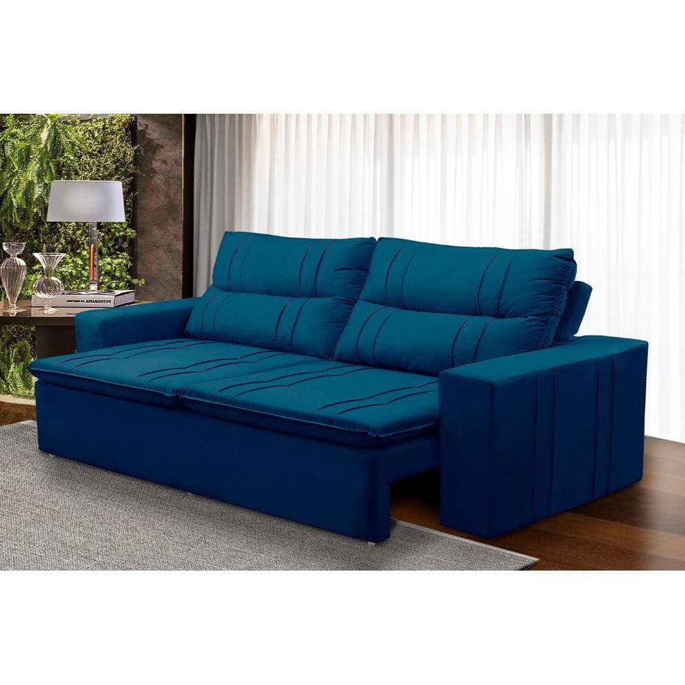 Sofá Retrátil e Reclinável 3 lugares com Molas 2,00m Ester Suede Azul Adonai Estofados