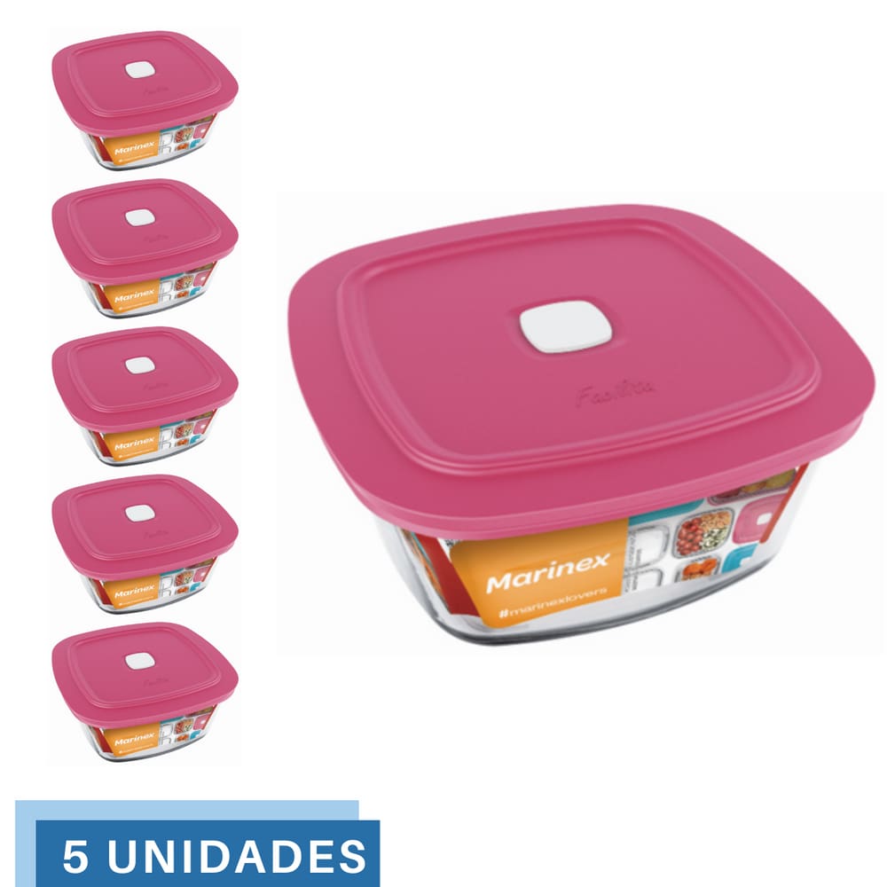 5 Potes Vidro Facilita Quadrado Marmita 500Ml Marinex