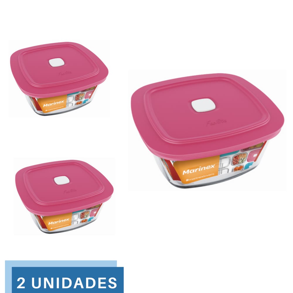2 Potes Vidro Facilita Vap Quadrado Com Tampa 1L Marinex