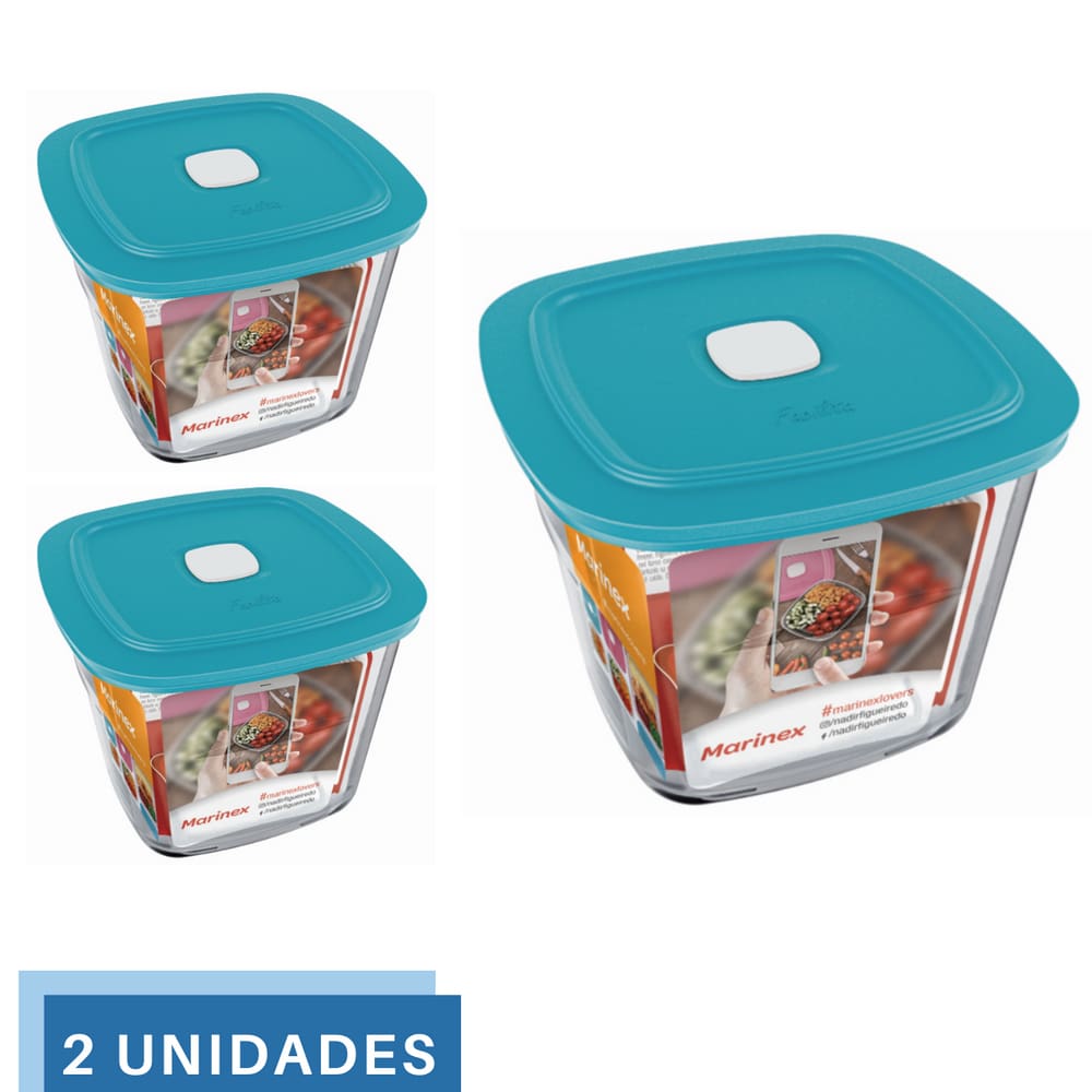 2 Potes Vidro Facilita  Quadrado Alto Com Tampa 1L Marinex