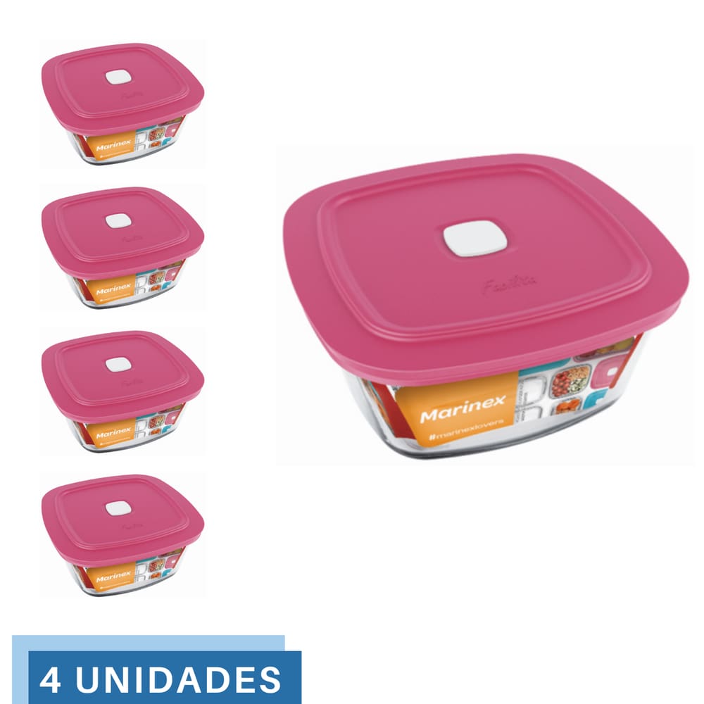 4 Potes Vidro Facilita Vap Quadrado Com Tampa 1L Marinex