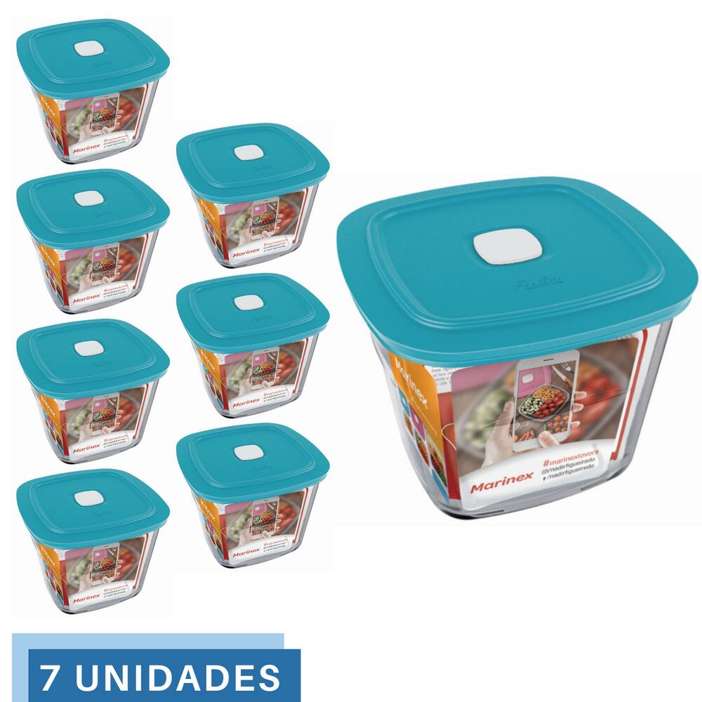 7 Potes Vidro Facilita Quadrado Alto Com Tampa 1L Marinex