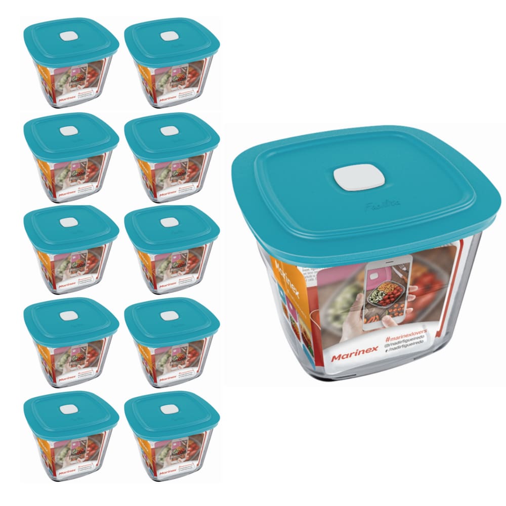 Pote Vidro Quadrado Alto Facilita  Com Tampa 1L Marinex 10Un