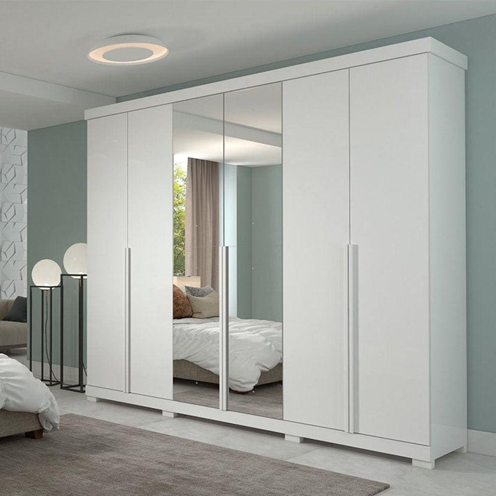 Guarda Roupa Casal em MDF 6 Portas com Espelhos e Pés Guarapari Panan Móveis Branco