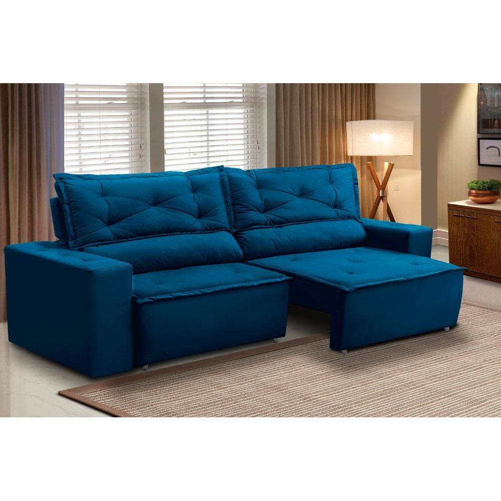 Sofá Retrátil e Reclinável 3 lugares com Molas 1,80m Livia Suede Azul Adonai Estofados