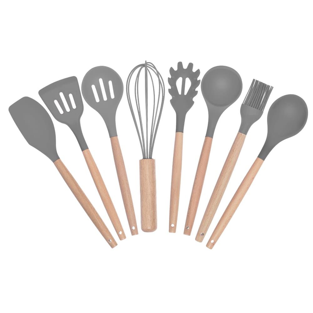 Kit Utensílios de Cozinha em Silicone e Bambu 8 peças - Cinza Espacial