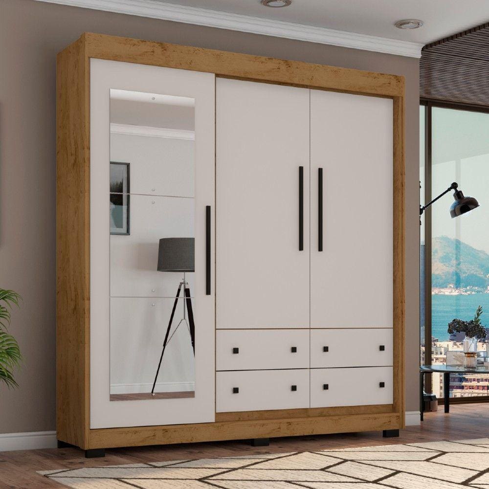 Guarda Roupa Solteiro 3 Portas 4 Gavetas com Pés e Espelho COR2234 Araplac