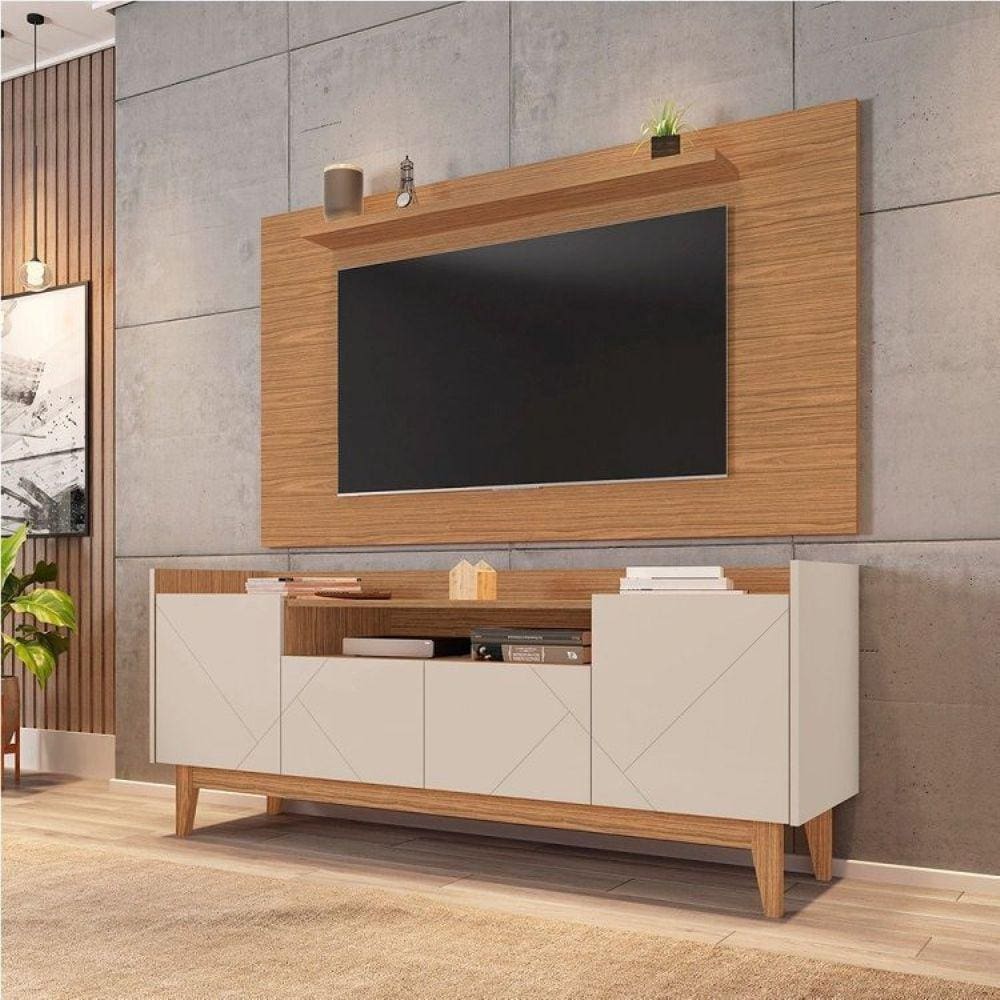 Rack com Painel para TV até 60 Polegadas Retrô Adria Esmeralda Casa D Off White/Noce