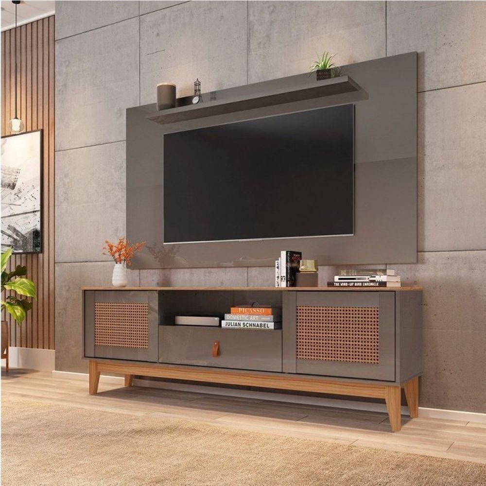 Rack com Painel para TV até 60 Polegadas Retrô Esmeralda Versátile Casa D Cinza Perola/Noce