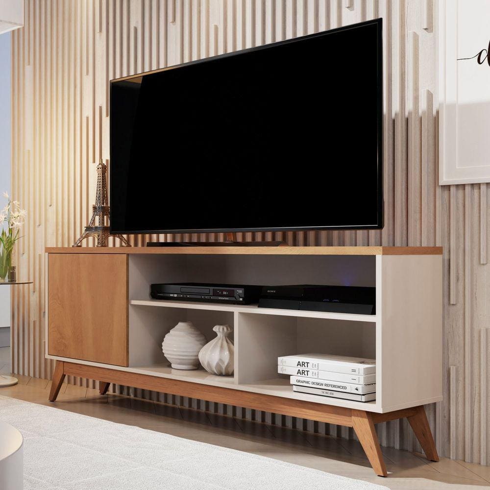 Rack Para TV até 55 Polegadas 1 Porta 3 Nichos Retrô Malbec Giga Móveis Off White/Nature
