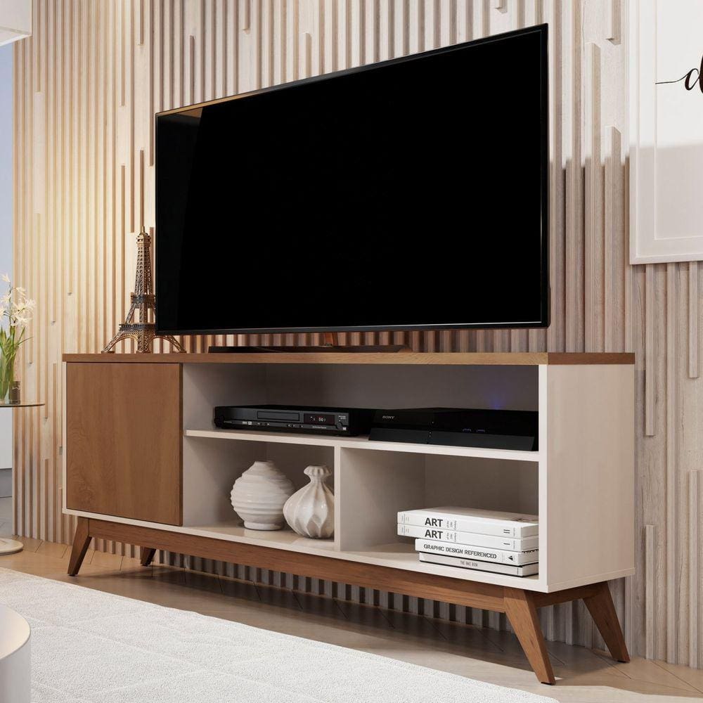 Rack Para TV até 55 Polegadas 1 Porta 3 Nichos Retrô Malbec Giga Móveis Off White/Freijó