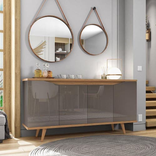 imagem-Buffet 160cm 4 Portas Pés em Madeira Maciça Grace Versátile Casa D Cinza Perola/Noce